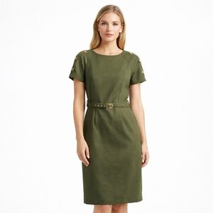 Studio One Olive Green Belted Short Sleeve Midi Dress